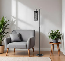69" Black Floor Lamp With Black Mesh Metal Cylinder Shade-0