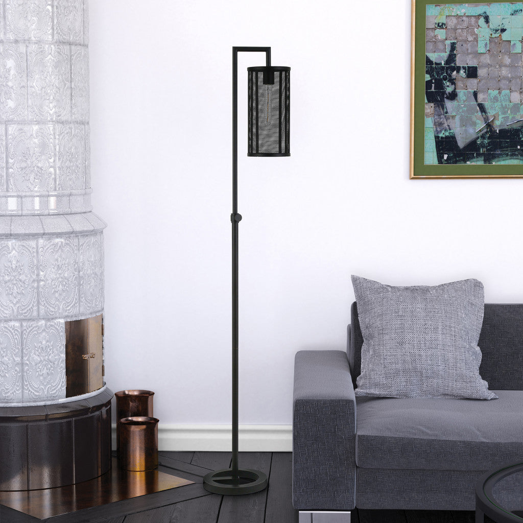 69" Black Floor Lamp With Black Mesh Metal Cylinder Shade-4