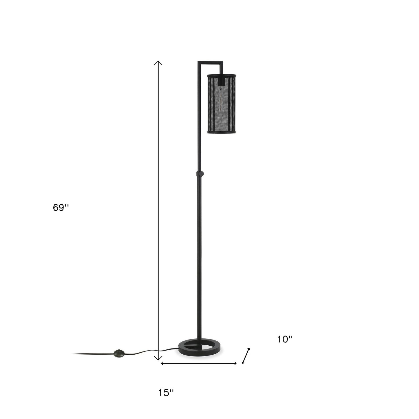69" Black Floor Lamp With Black Mesh Metal Cylinder Shade-6