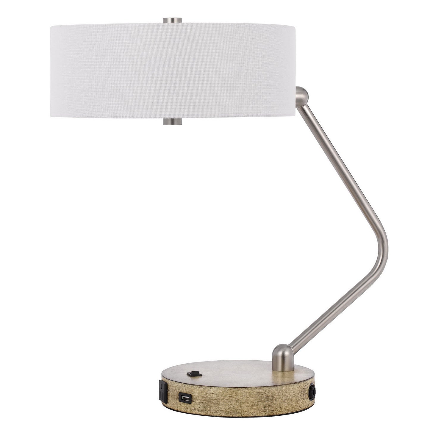 20" Brown Metal Two Light Lantern Desk USB Table Lamp With White Drum Shade-1