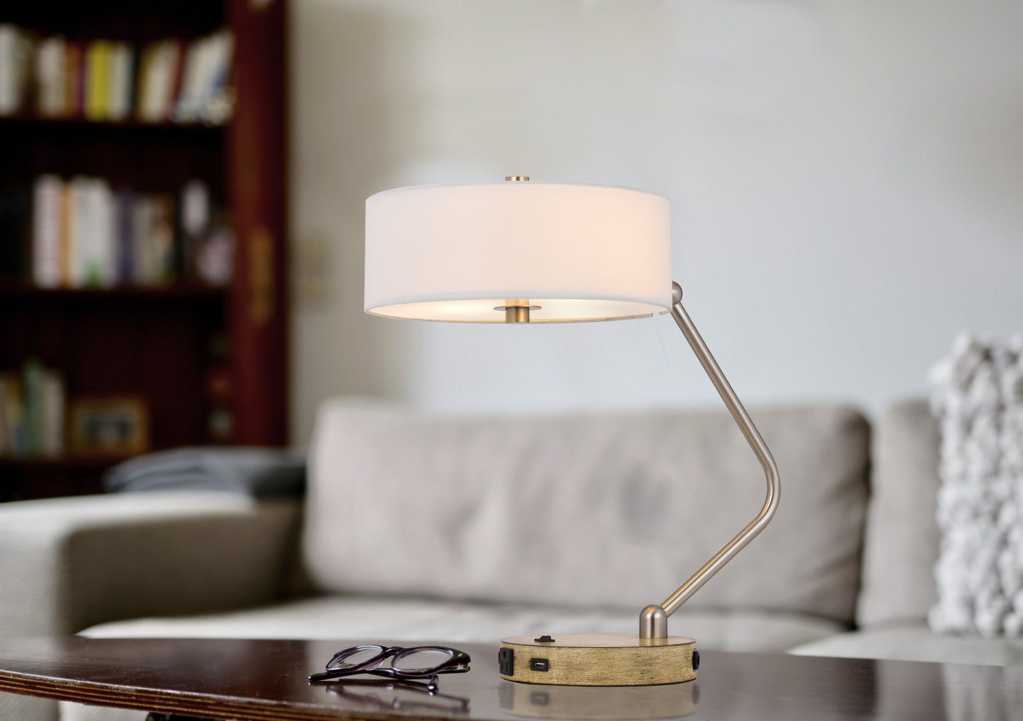 20" Brown Metal Two Light Lantern Desk USB Table Lamp With White Drum Shade-4