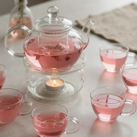 Modern Borosilicate Glass Tea Set (6-Piece) | Teapot with Warmer & Cups