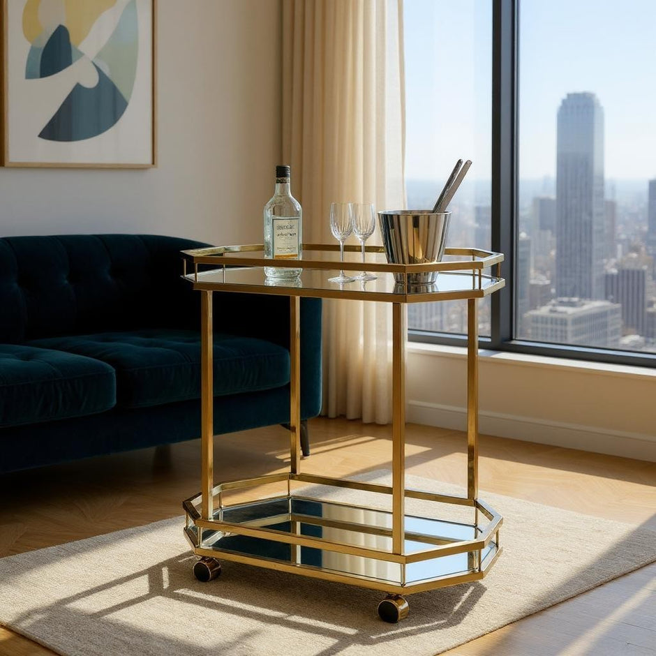 28" Champagne and Clear Glass and Iron Octagon Rolling Prep Table-0