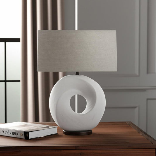 27" White Geometric Table Lamp With Gray Shade-0