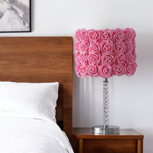 18” Pink Roses Acrylic And Metal Table Lamp-0