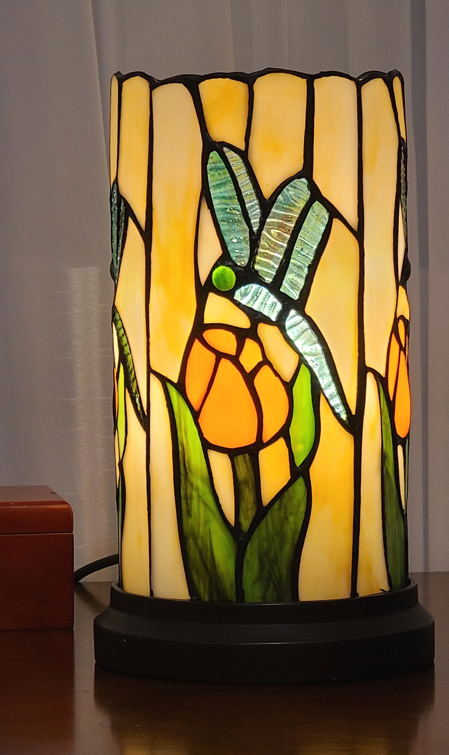 11" Beige and Green Dragonfly Stained Glass Accent Lamp