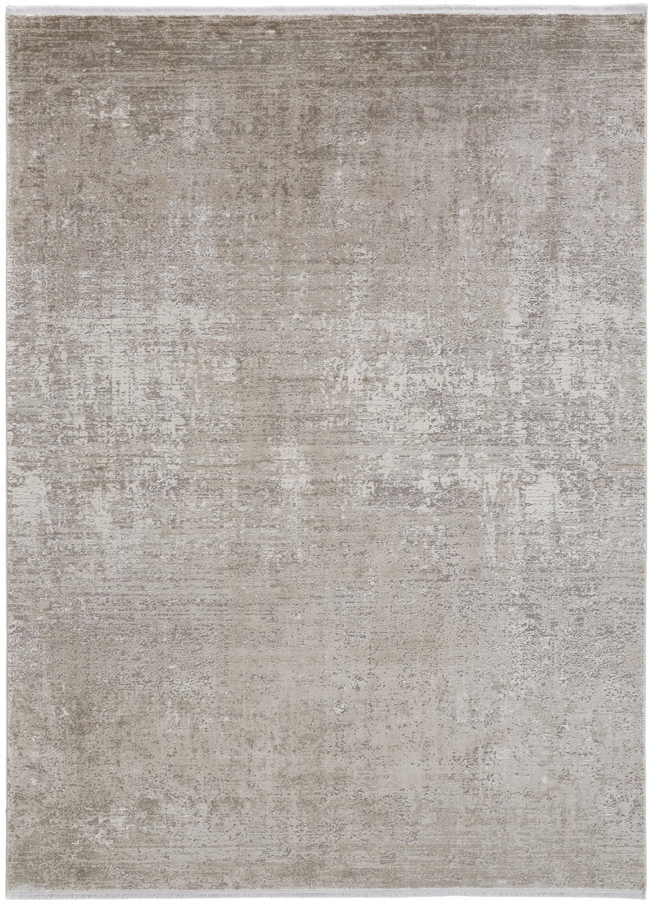 10' X 13' Tan Ivory And Gray Abstract Power Loom Distressed Area Rug With Fringe-1