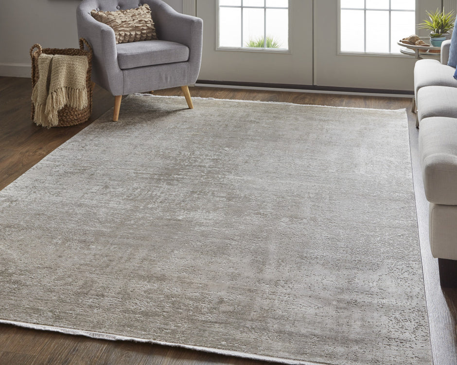 10' X 13' Tan Ivory And Gray Abstract Power Loom Distressed Area Rug With Fringe-7