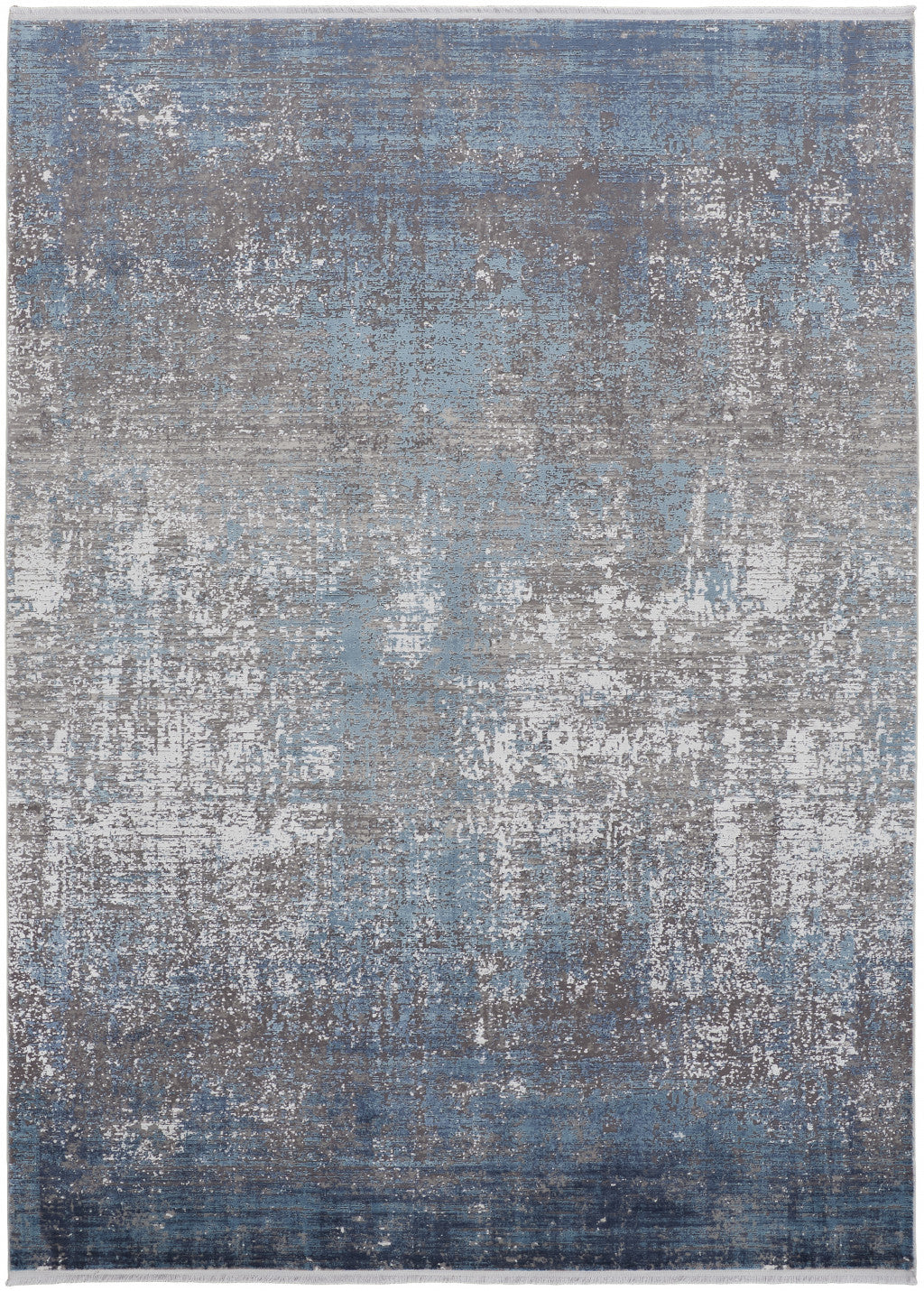 10' X 13' Blue Gray And Silver Abstract Power Loom Distressed Area Rug With Fringe-1