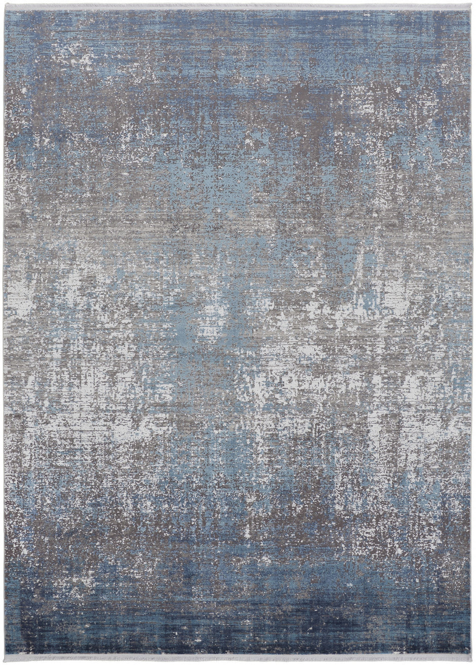10' X 13' Blue Gray And Silver Abstract Power Loom Distressed Area Rug With Fringe-1