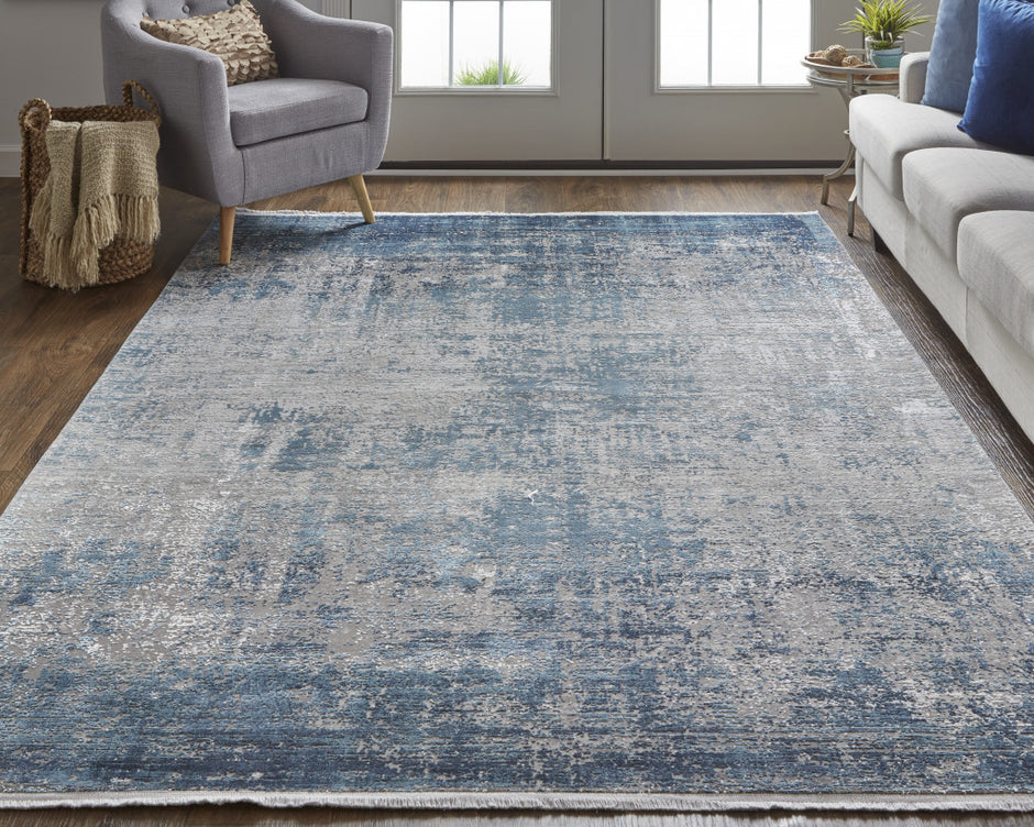 10' X 13' Blue Gray And Silver Abstract Power Loom Distressed Area Rug With Fringe-3