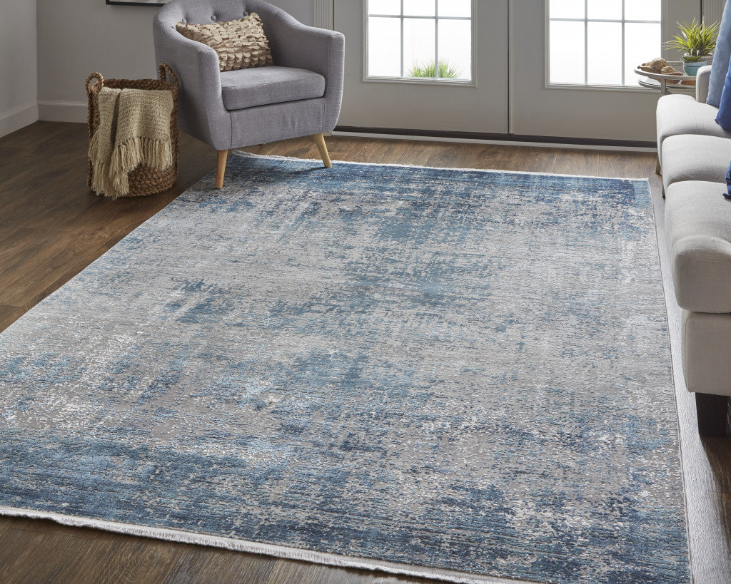 10' X 13' Blue Gray And Silver Abstract Power Loom Distressed Area Rug With Fringe-4