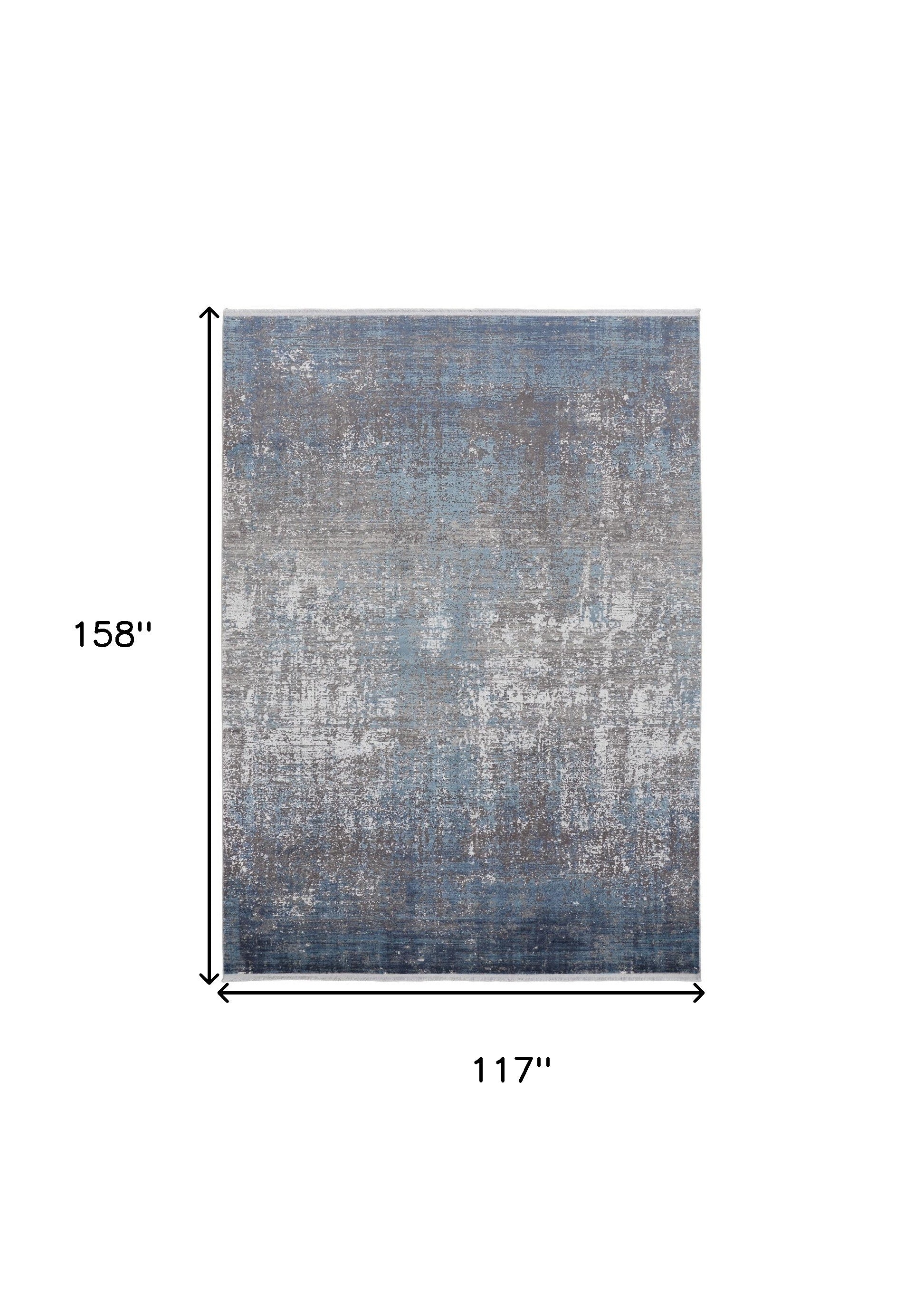 10' X 13' Blue Gray And Silver Abstract Power Loom Distressed Area Rug With Fringe-2
