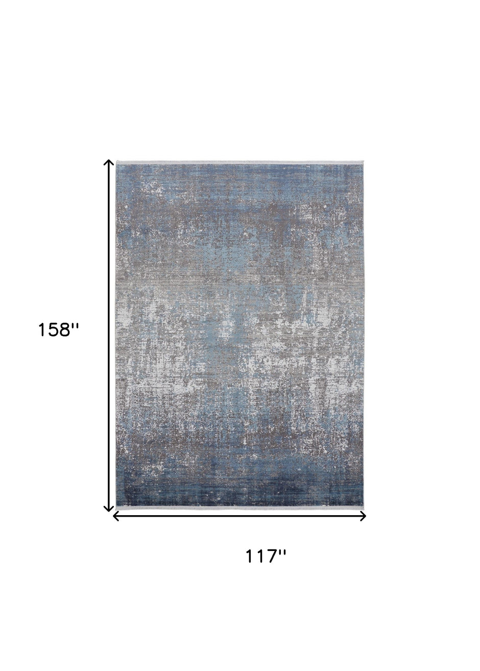10' X 13' Blue Gray And Silver Abstract Power Loom Distressed Area Rug With Fringe-2