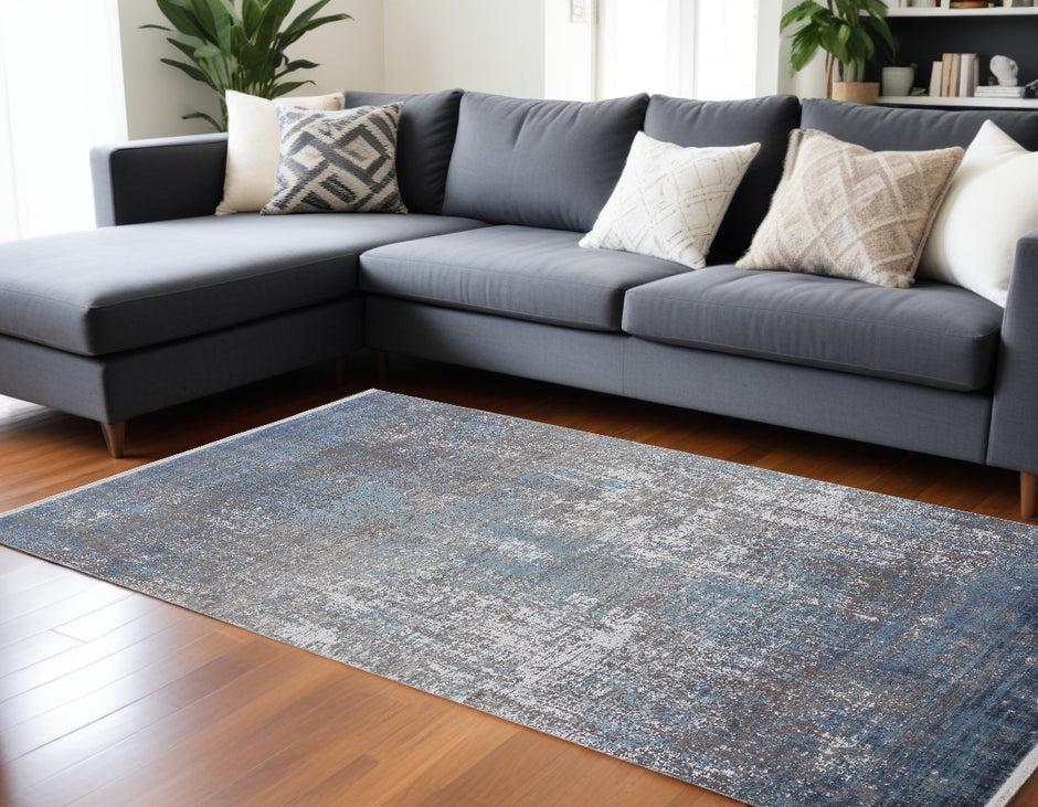 10' X 13' Blue Gray And Silver Abstract Power Loom Distressed Area Rug With Fringe-0