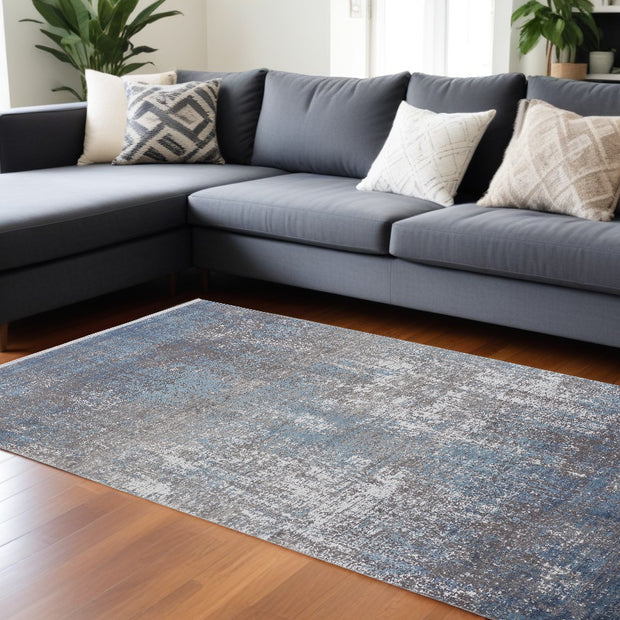 10' X 13' Blue Gray And Silver Abstract Power Loom Distressed Area Rug With Fringe-0