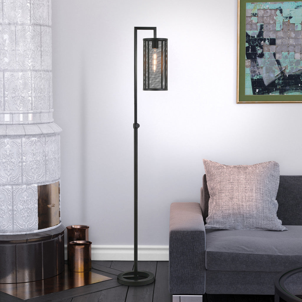 69" Black Floor Lamp With Black Mesh Metal Cylinder Shade-5