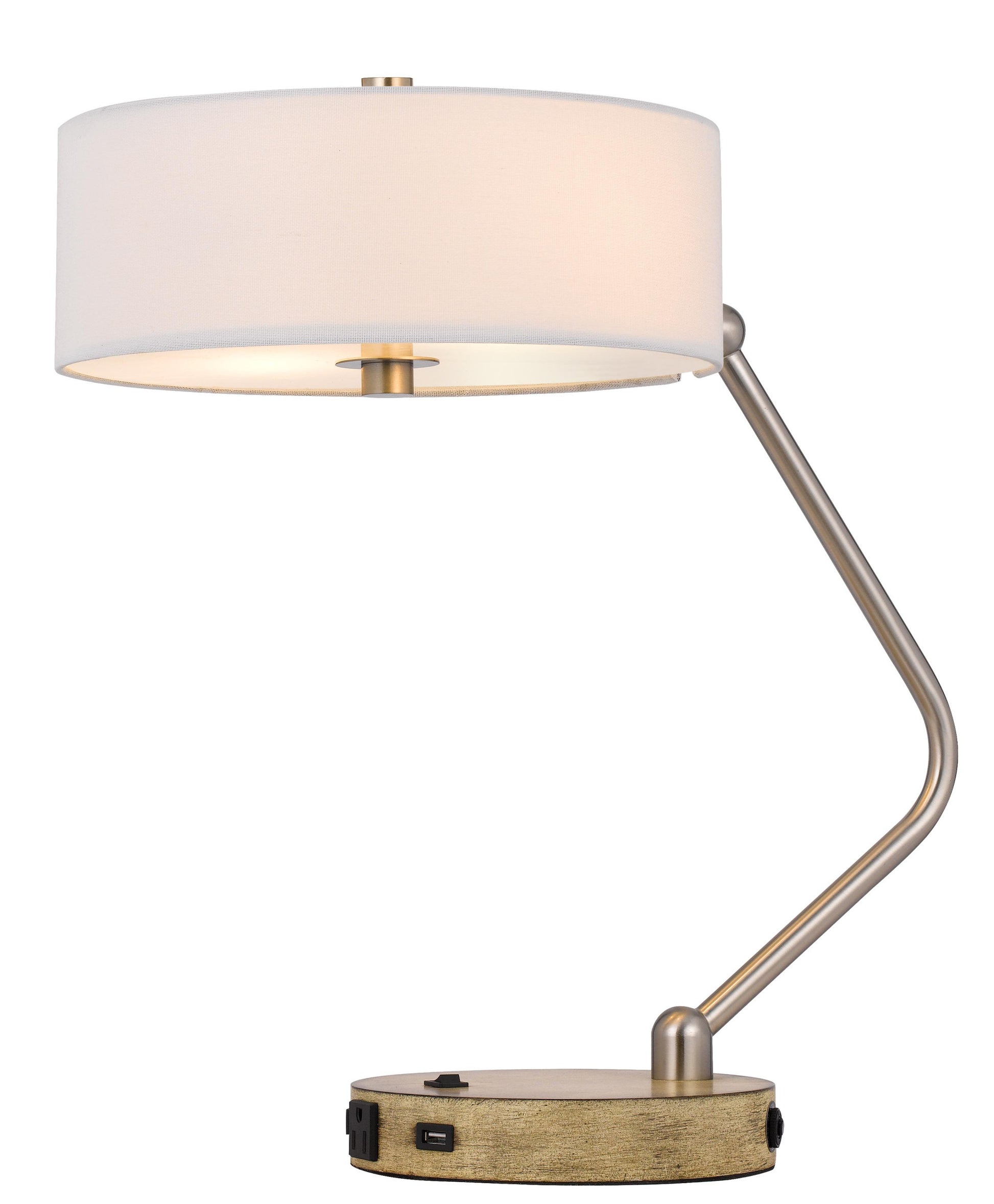 20" Brown Metal Two Light Lantern Desk USB Table Lamp With White Drum Shade-2