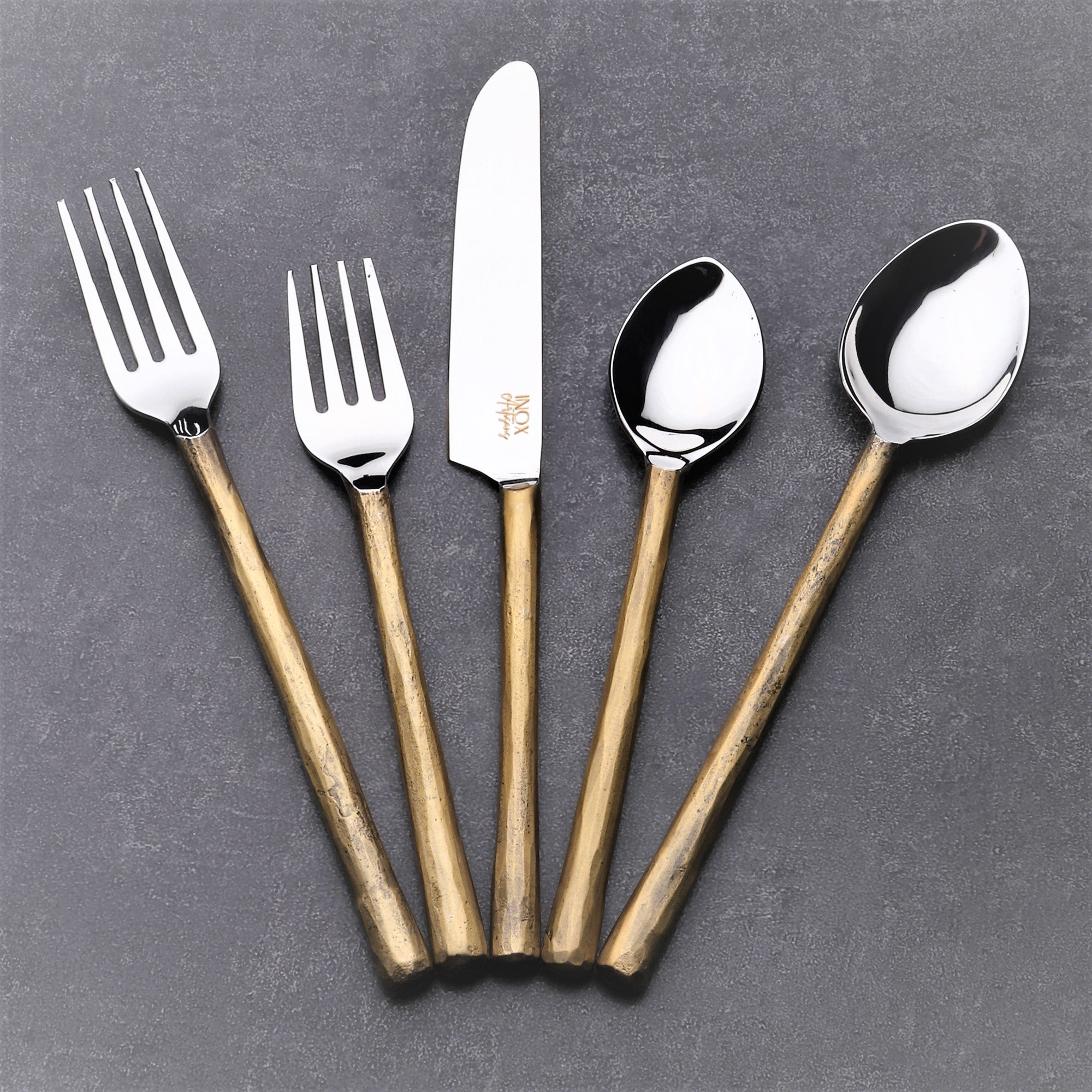 Matte Gold Stainless Steel Five Piece Hand Forged Flatware Set-6