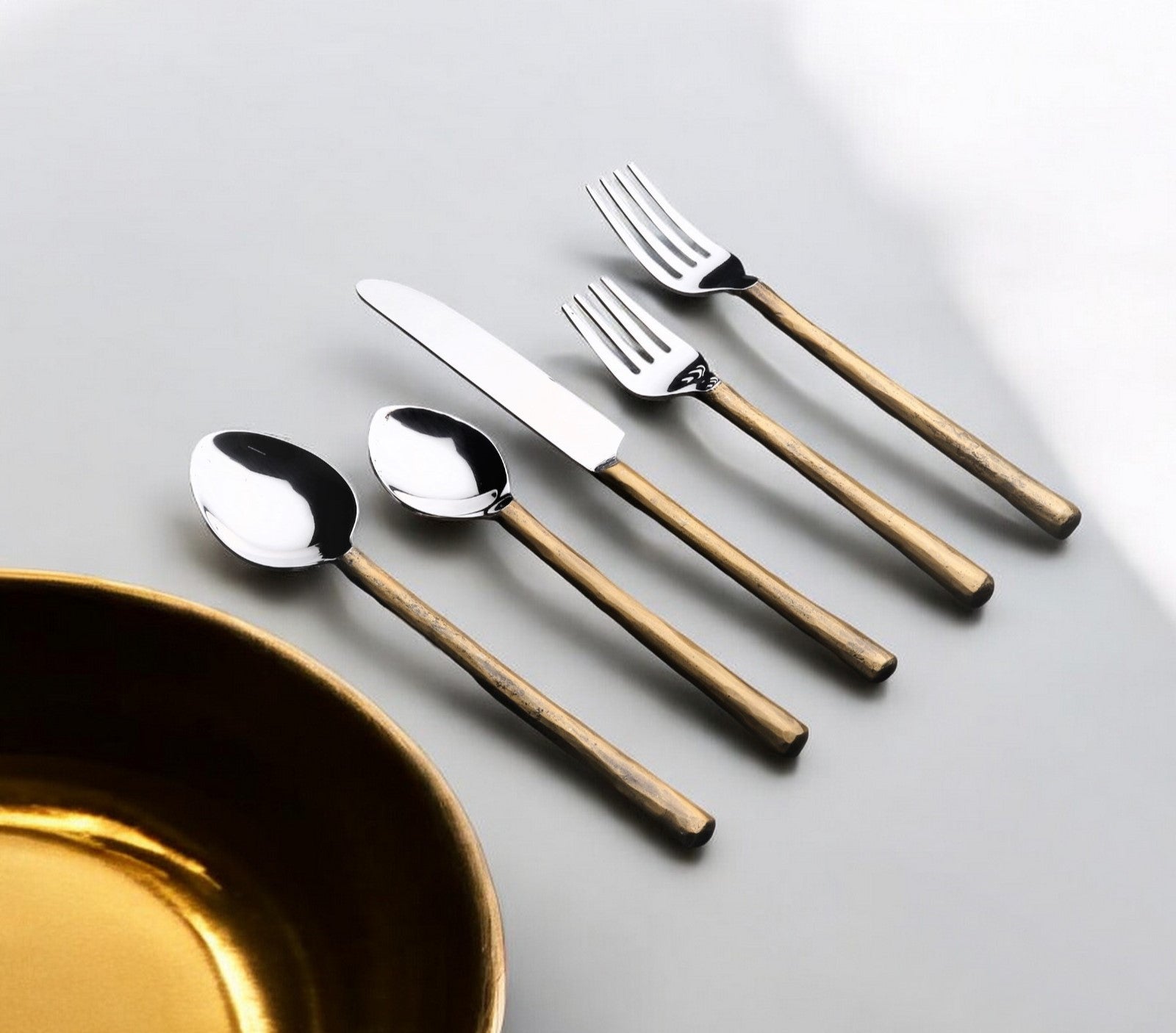 Matte Gold Stainless Steel Five Piece Hand Forged Flatware Set-0