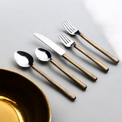 Matte Gold Stainless Steel Five Piece Hand Forged Flatware Set-0