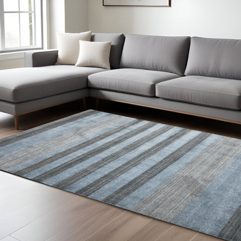 10' X 14' Gray And Light Blue Wool Striped Hand Woven Area Rug-0