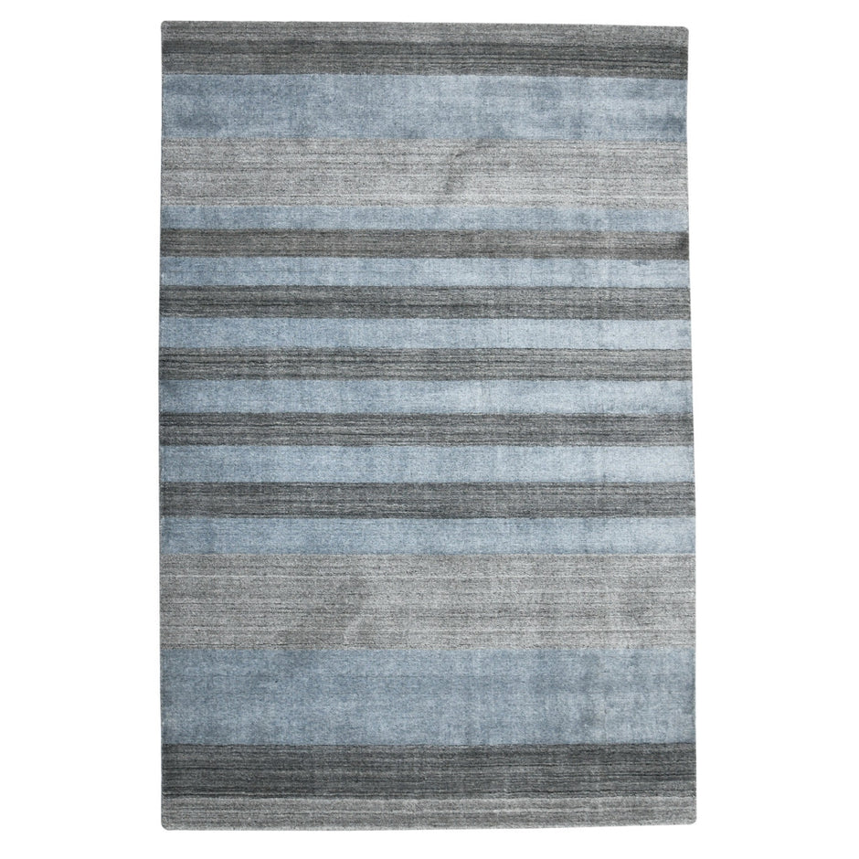 10' X 14' Gray And Light Blue Wool Striped Hand Woven Area Rug-1