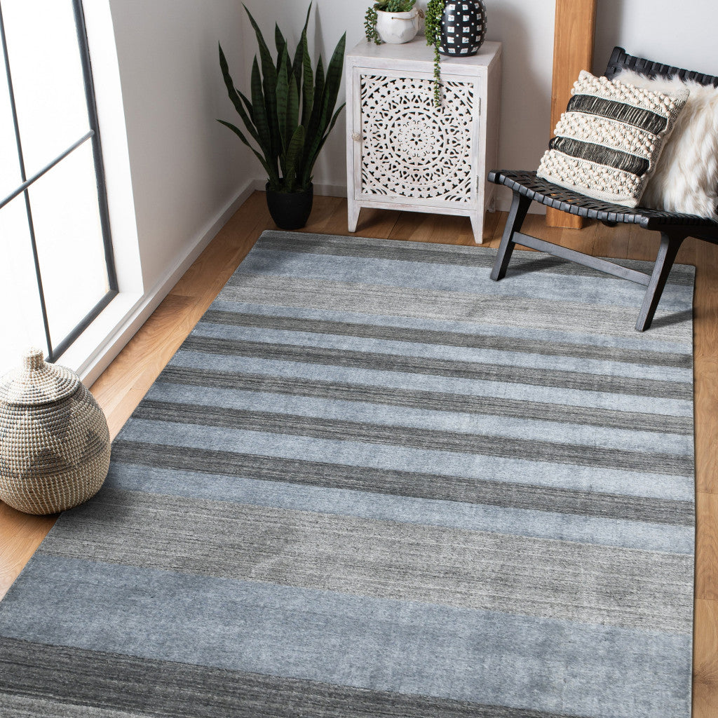 10' X 14' Gray And Light Blue Wool Striped Hand Woven Area Rug-7