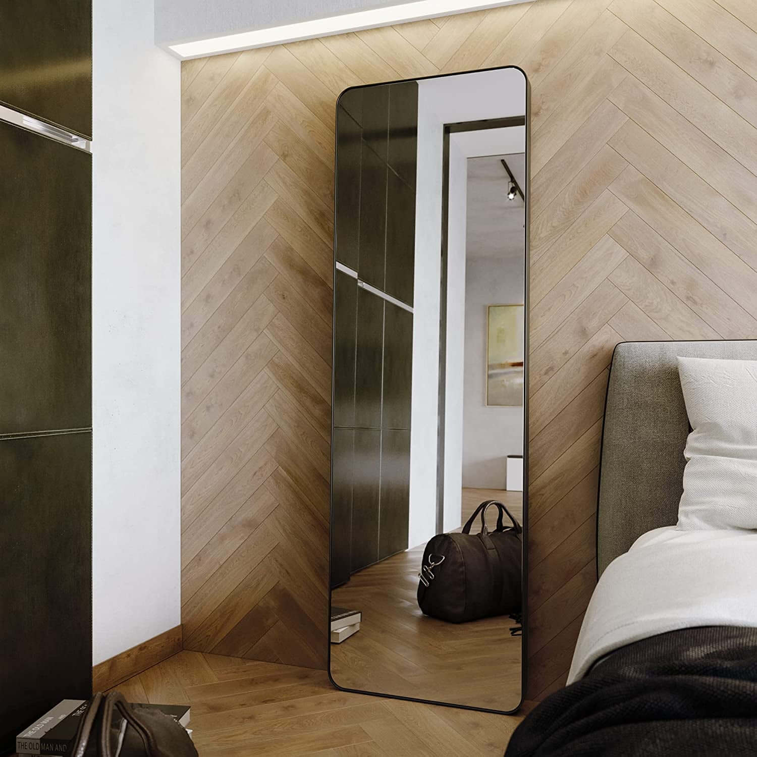 Large Full Length Body Mirror for Floor & Wall in Bedroom - Metal Frame - Big & Tall Long Mirror for Leaning - Full Length Wall Mirror Size 65