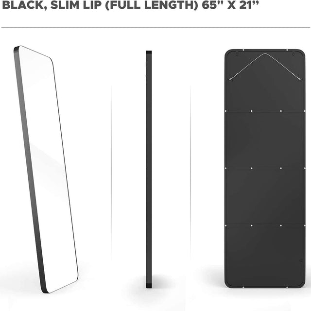 Large Full Length Body Mirror for Floor & Wall in Bedroom - Metal Frame - Big & Tall Long Mirror for Leaning - Full Length Wall Mirror Size 65" X 21" (Black, Slim Lip)
