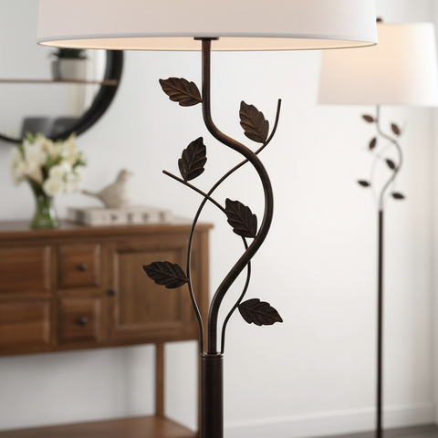 Vine Leaves Floor Lamp in Bronze Finish with White Shade