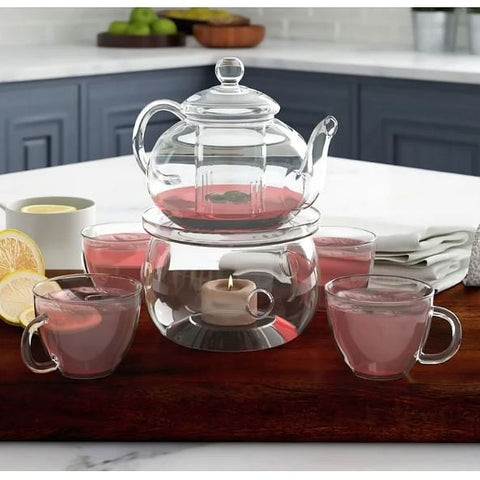 Modern Borosilicate Glass Tea Set (6-Piece) | Teapot with Warmer & Cups