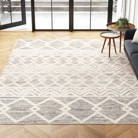 Hand-Woven Wool Blend Area Rug (9' x 12') | Grey & Ivory Geometric