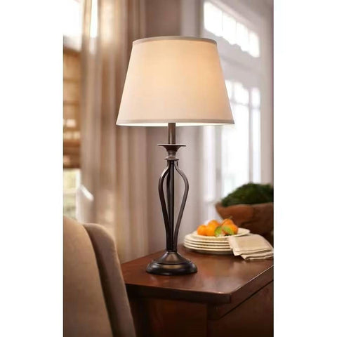 Traditional Bronze Metal Finish Table Lamp with Beige Linen Shade-0