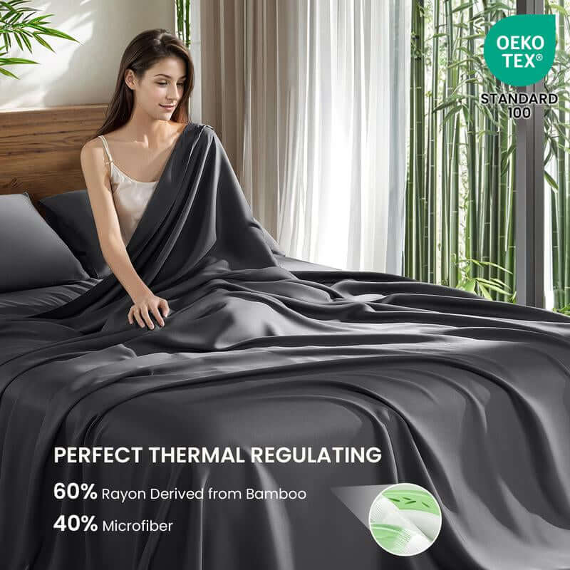 Shilucheng Bamboo Sheets Set 4/6 Pc,Cooling Breathable & Hotel Luxury Super Silky Soft, 16'' Deep Pocket, Wrinkle, Fade Resistant Springtok