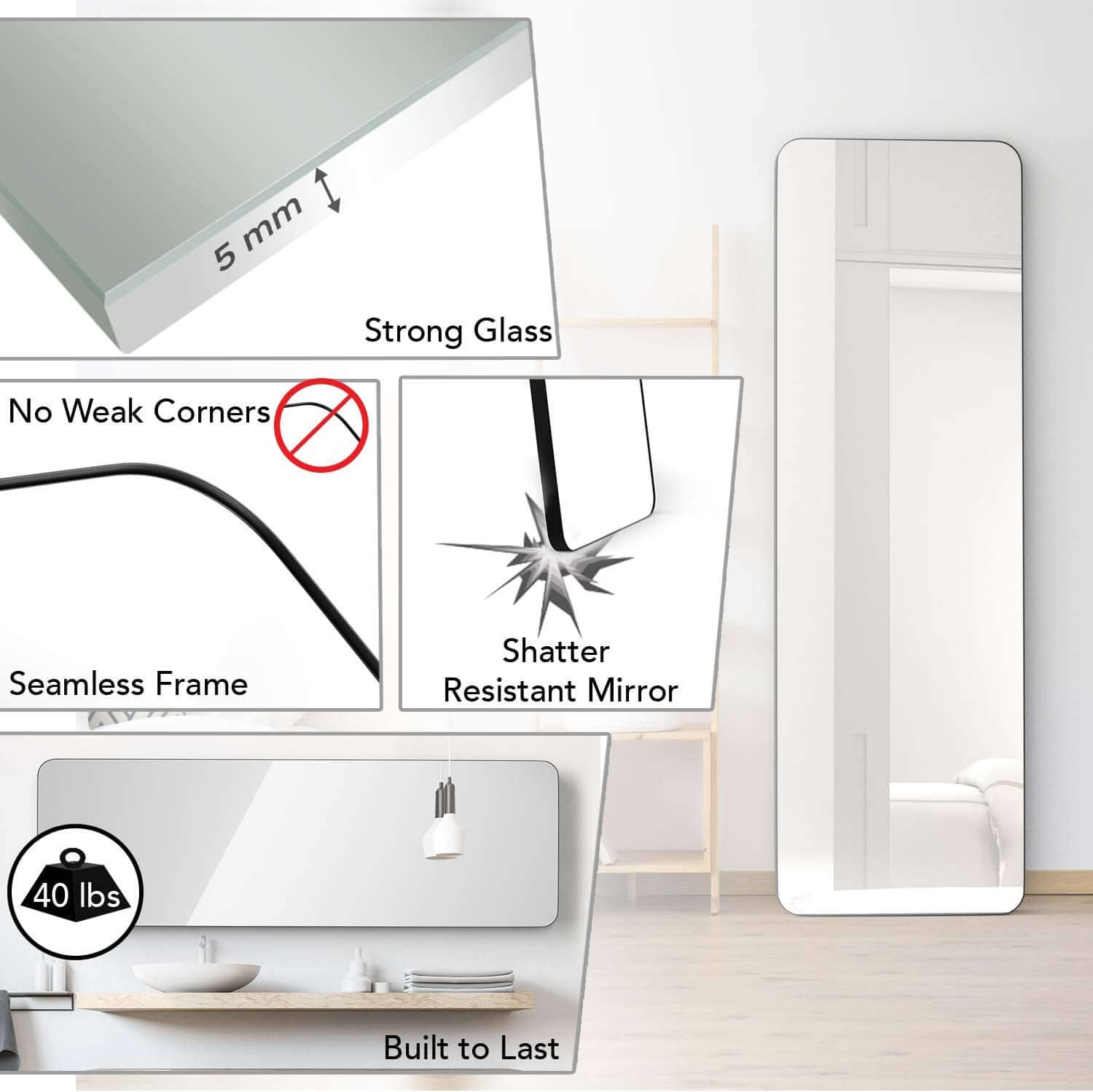 Large Full Length Body Mirror for Floor & Wall in Bedroom - Metal Frame - Big & Tall Long Mirror for Leaning - Full Length Wall Mirror Size 65