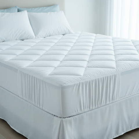 Generate an image for "Cooling Quilted Mattress Pad with Elastic Skirt | Washable". Make sure that it is vibrant, luxurious, and looks buyable.