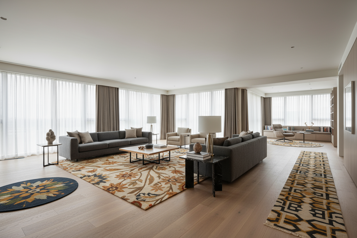 Show more than one rug and focus on different types of rugs for different uses. For example, one rug in front of the sofa. One near the side table and another area rug for some other place.